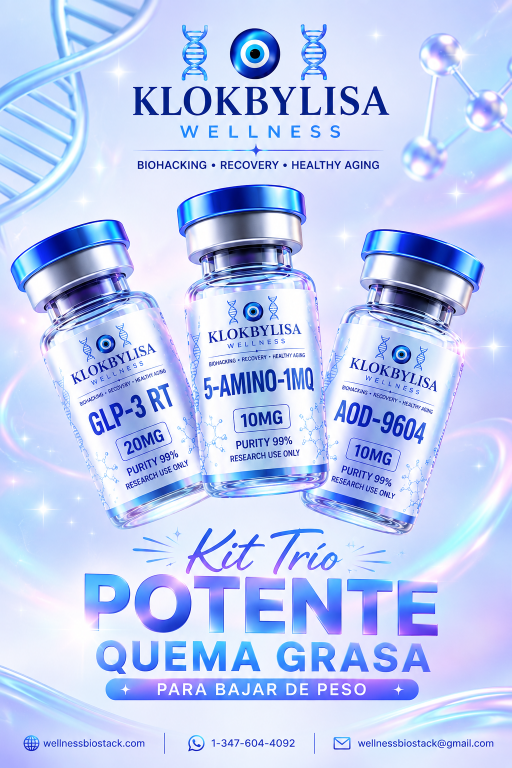 Vial de Kit Trío Potente Quema Grasa — GLP-3 RT + 5-AMINO-1MQ + AOD-9604 Kit 3 viales KlokByLisa Wellness